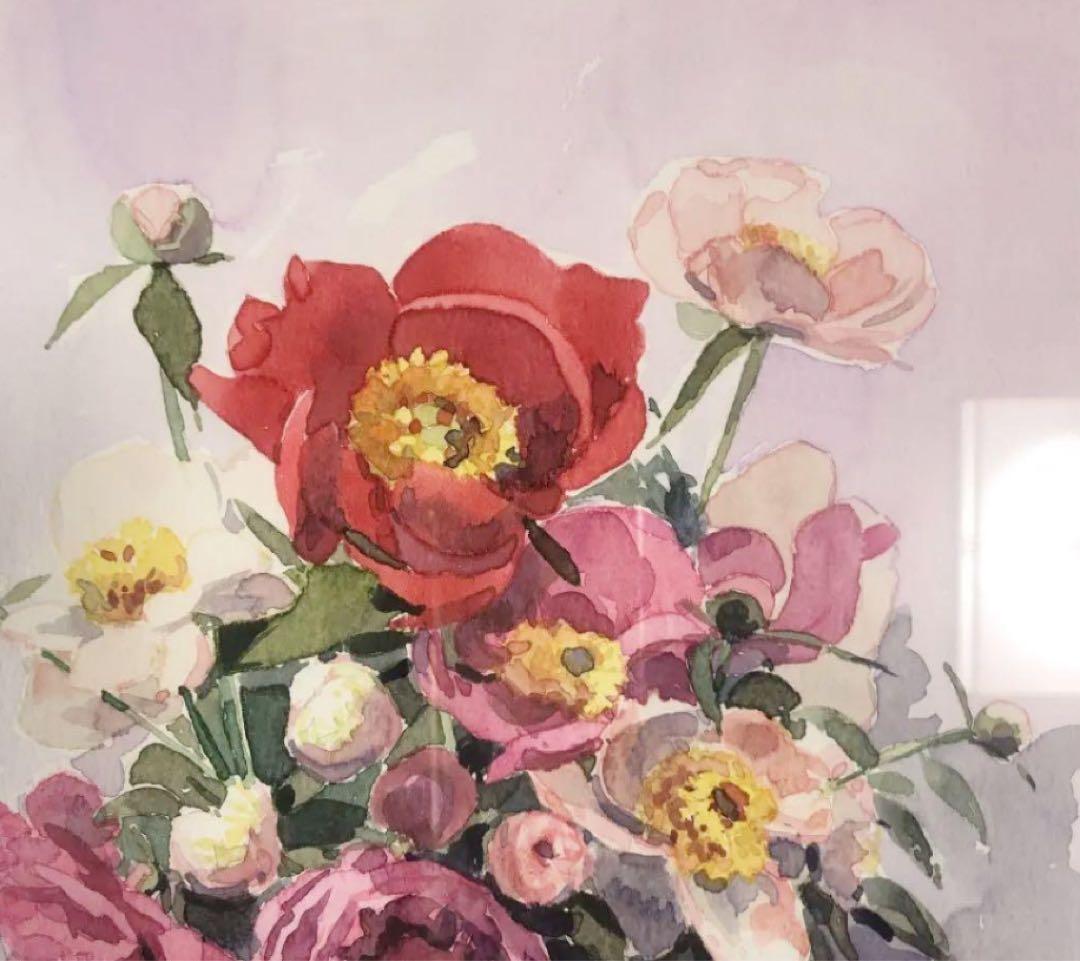 ミシェル・トゥルメル 水彩画「春の芍薬」 額装品