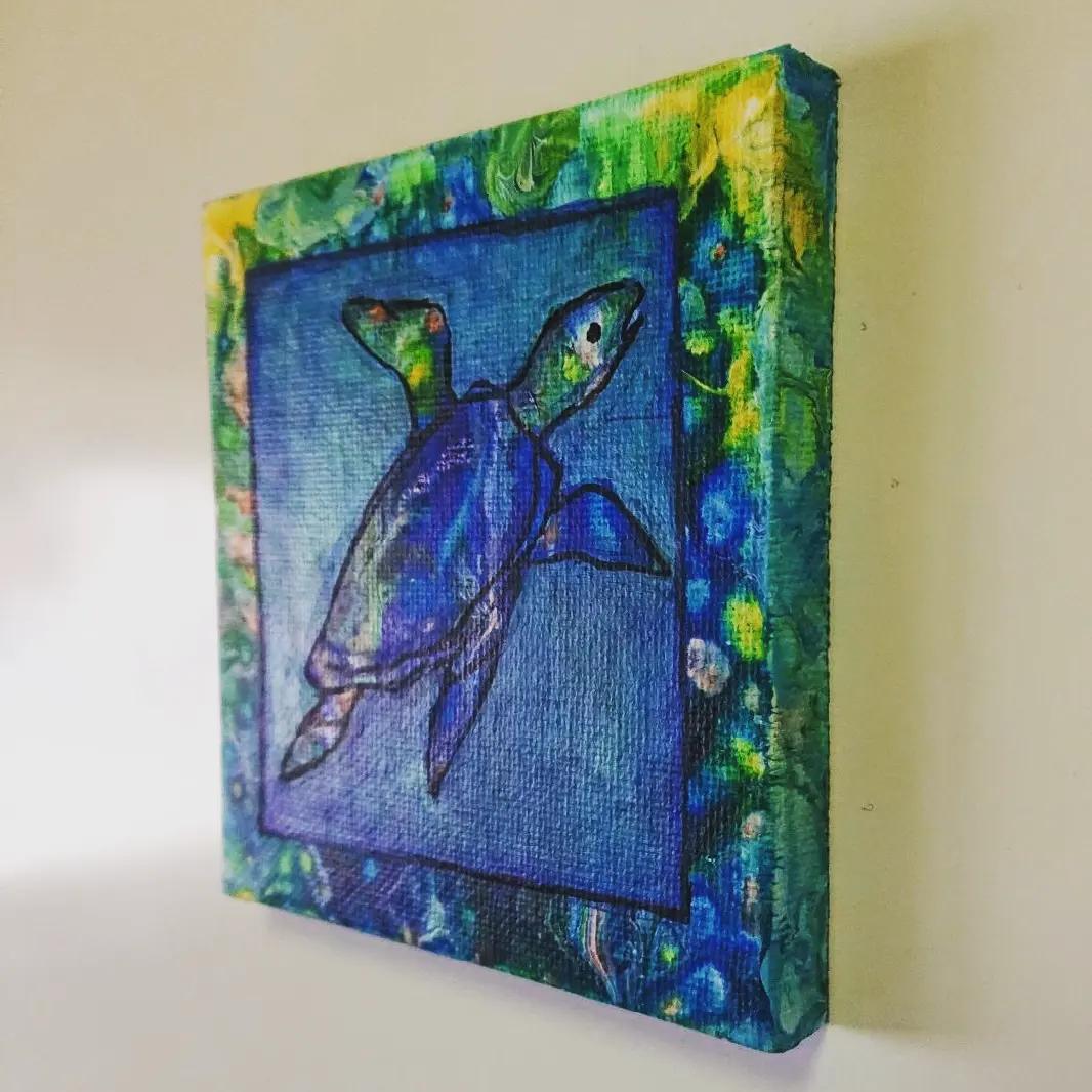 原画 カメ 亀 かめ フルイドアート パネル ポーリングアート 一点もの 希少