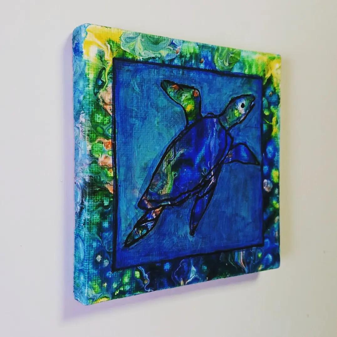 原画 カメ 亀 かめ フルイドアート パネル ポーリングアート 一点もの 希少