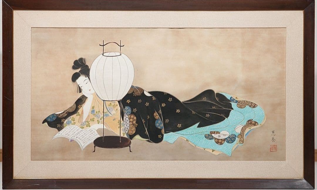 蕙養 『文読む美人図』 肉筆 大幅 浮世絵 紙本 彩色 額装