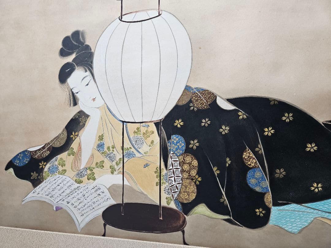 蕙養 『文読む美人図』 肉筆 大幅 浮世絵 紙本 彩色 額装