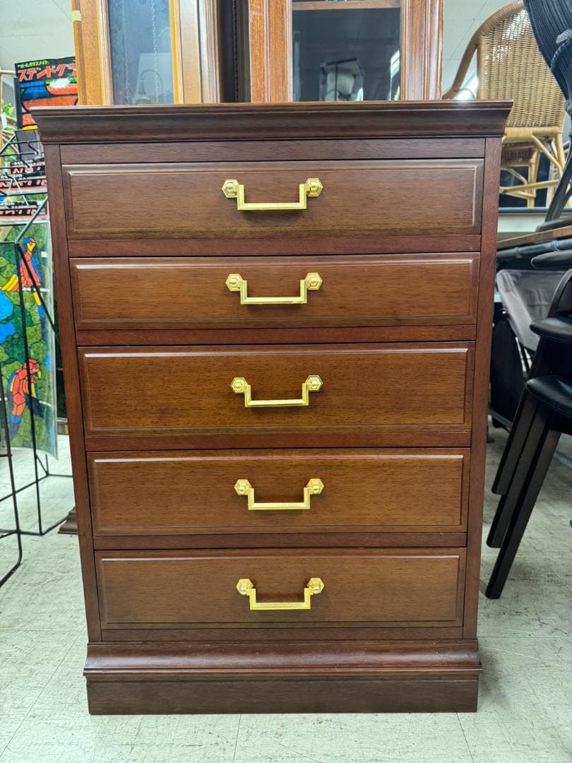 E◆マルニ製 木製チェスト5段 天然木 ウレタン塗装