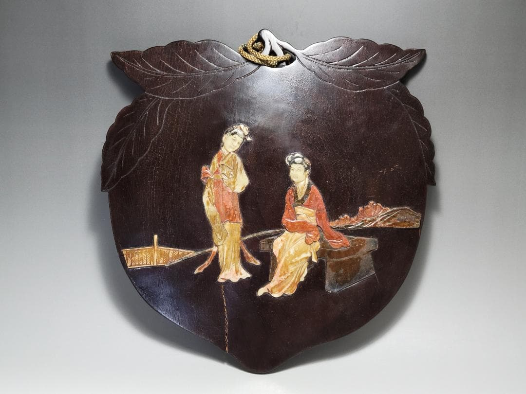 唐木製 寿山石 象嵌 女人図 木板 高さ約30.3cm