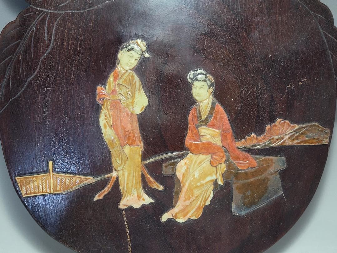 唐木製 寿山石 象嵌 女人図 木板 高さ約30.3cm