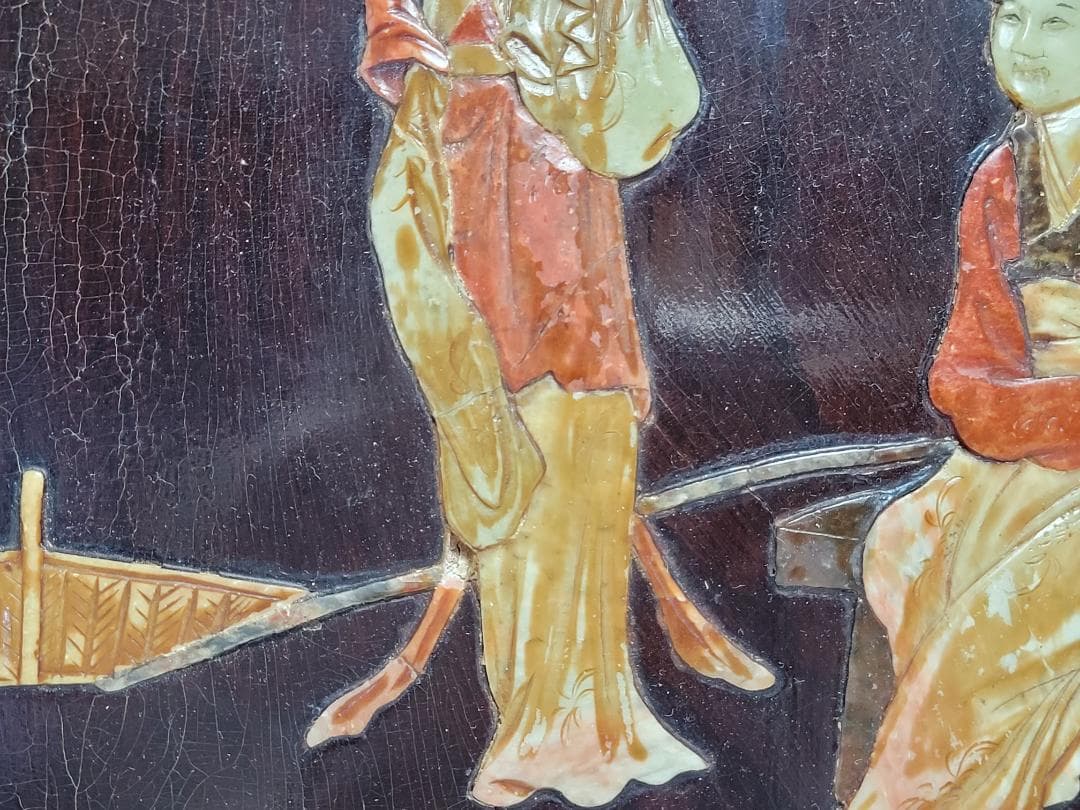 唐木製 寿山石 象嵌 女人図 木板 高さ約30.3cm