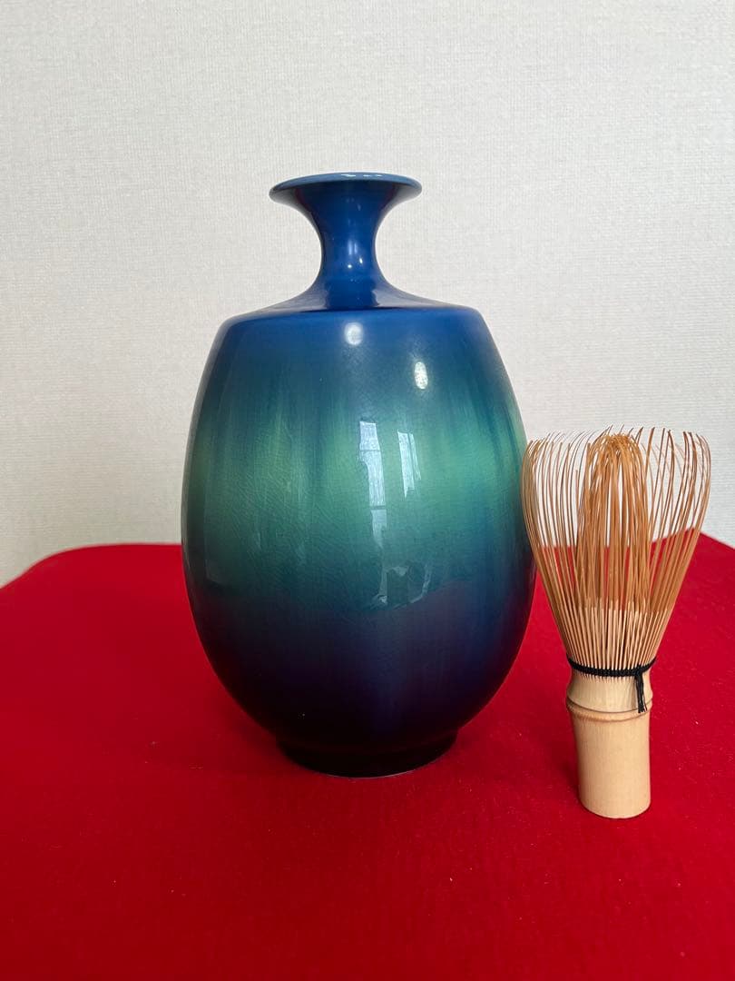 人間国宝 三代 徳田八十吉 碧明釉 壺 約19.5cm 管理T252 共箱陶歴