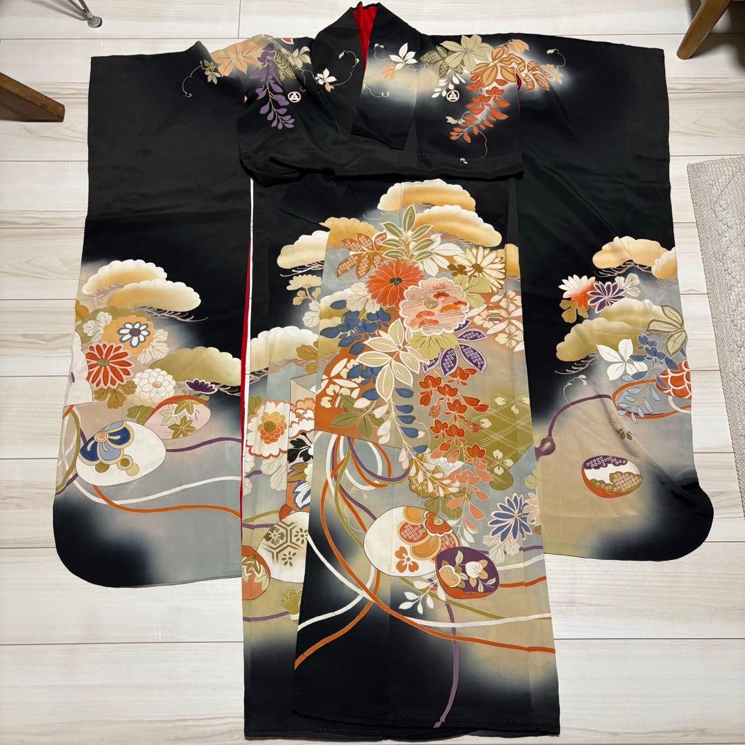 正絹 アンティーク着物 振袖 三つ紋