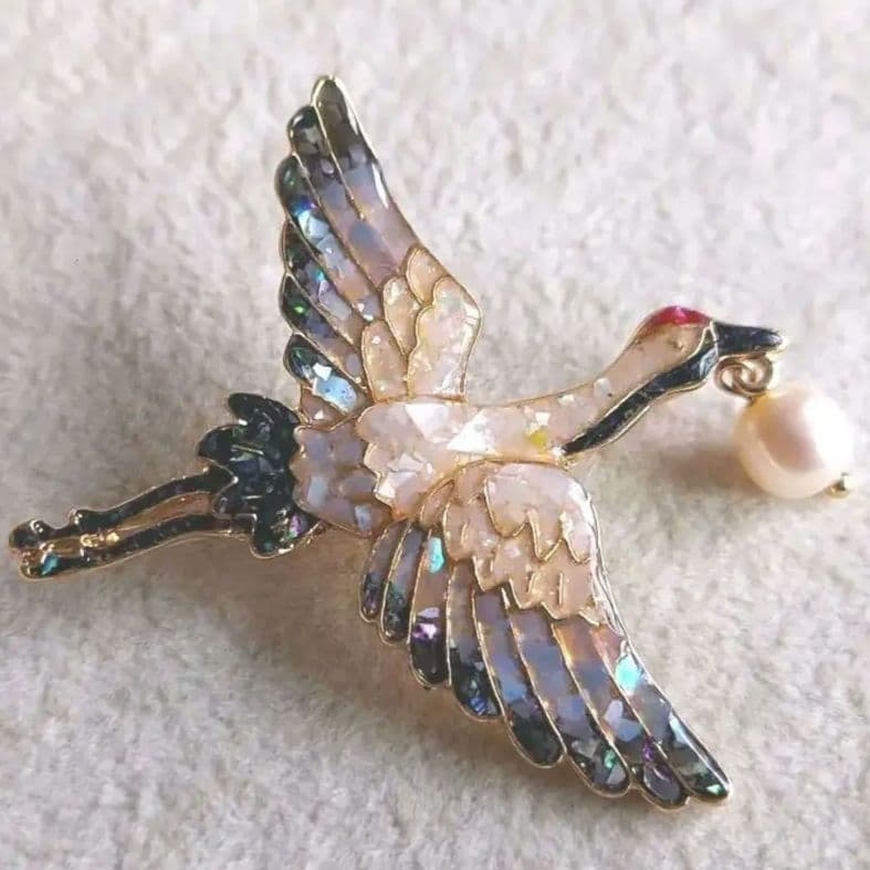 本真珠　シェル　鶴　ブローチ