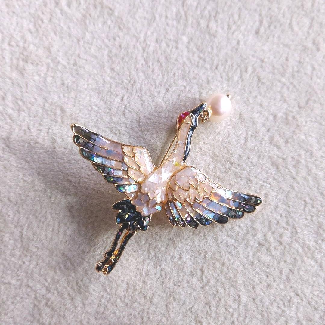 本真珠　シェル　鶴　ブローチ