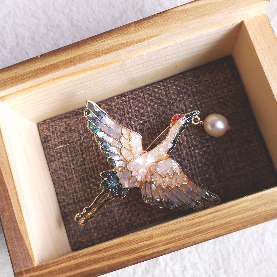 本真珠　シェル　鶴　ブローチ