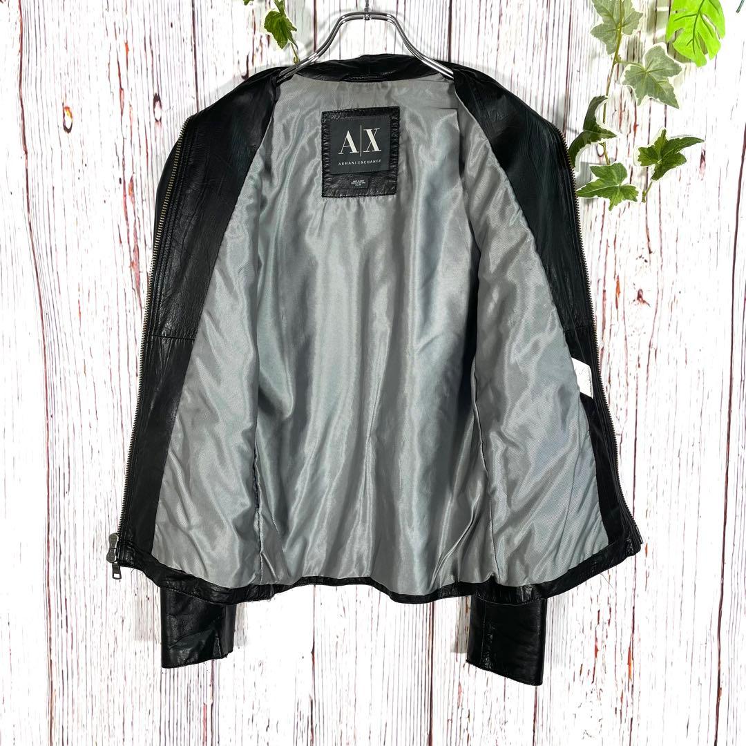 【美品】アルマーニエクスチェンジレザージャケット　シングル　黒　金属ロゴ　ヤギ革