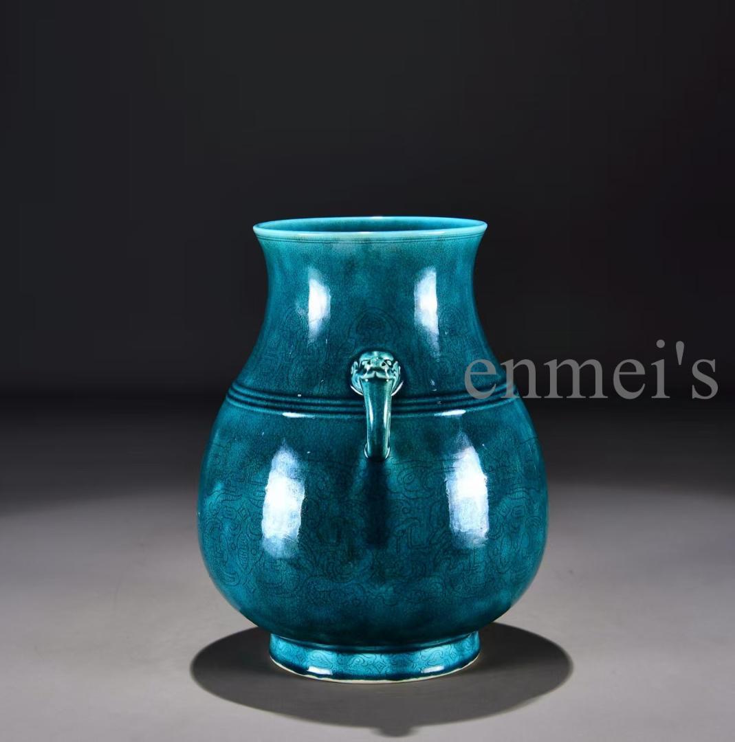 中国古美術 清雍正款 孔雀青釉 暗刻 花瓶 広口壺 古陶磁 骨董品 唐物 古玩