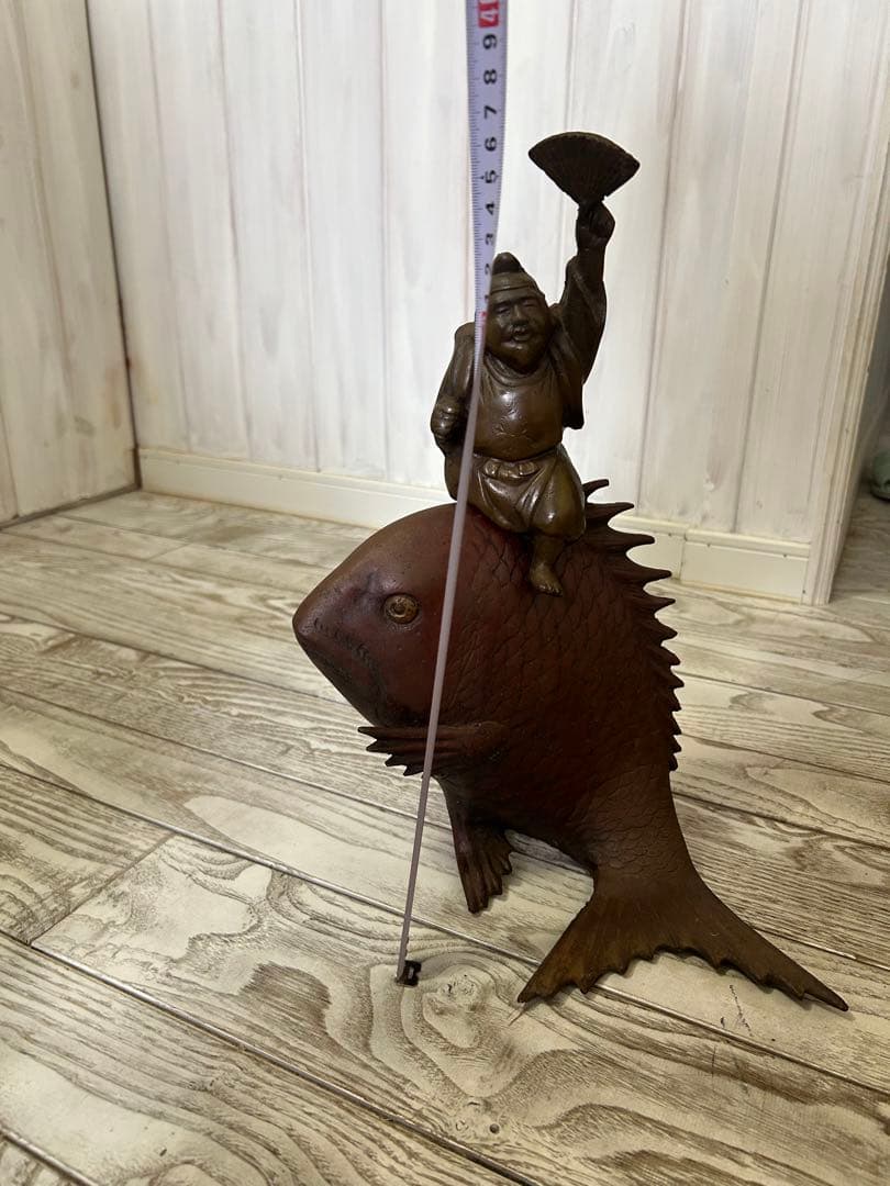金運アップ　恵比寿と鯛　ブロンズ 魚と人物像 アート作品