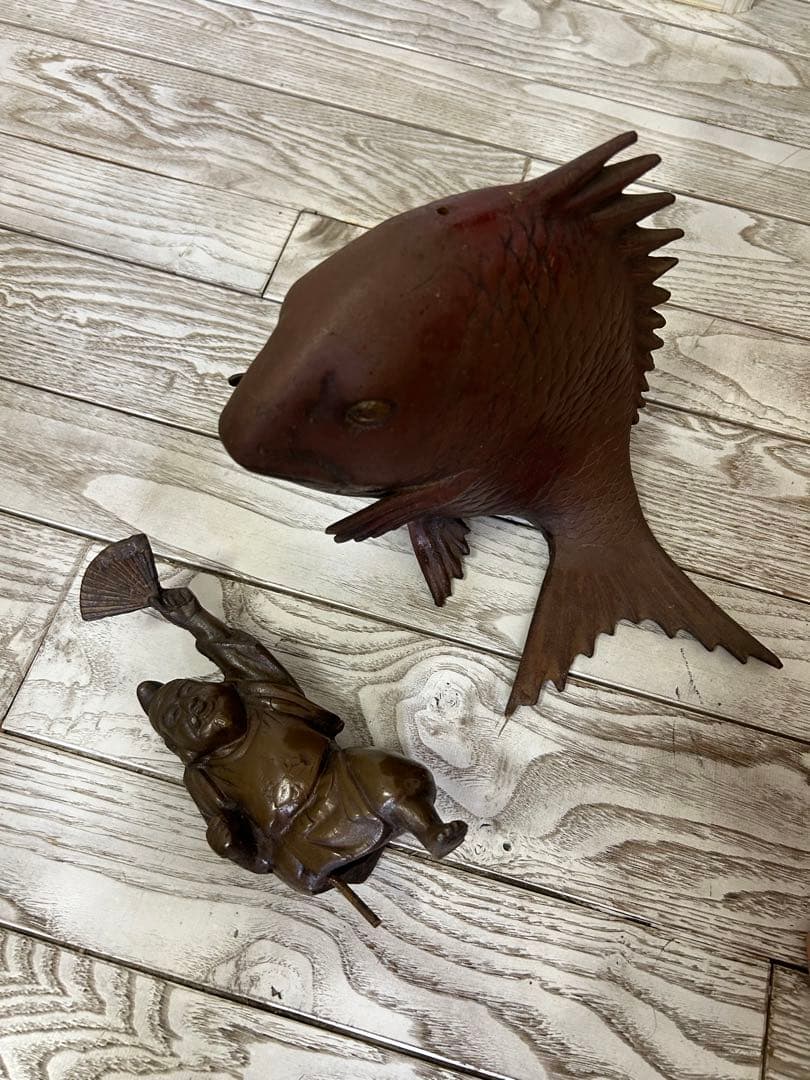 金運アップ　恵比寿と鯛　ブロンズ 魚と人物像 アート作品
