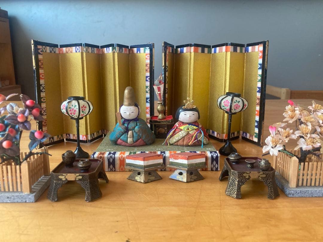 アンティーク小さい木目込み雛人形セット　蔵出し