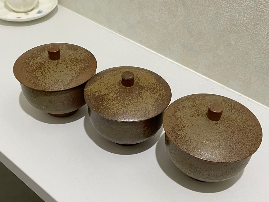 備前焼　火襷　大ぶり蓋付茶器　五客