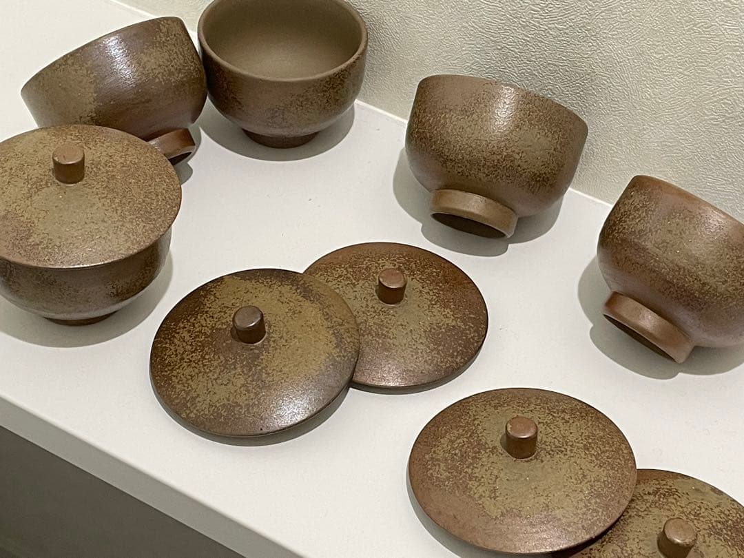 備前焼　火襷　大ぶり蓋付茶器　五客