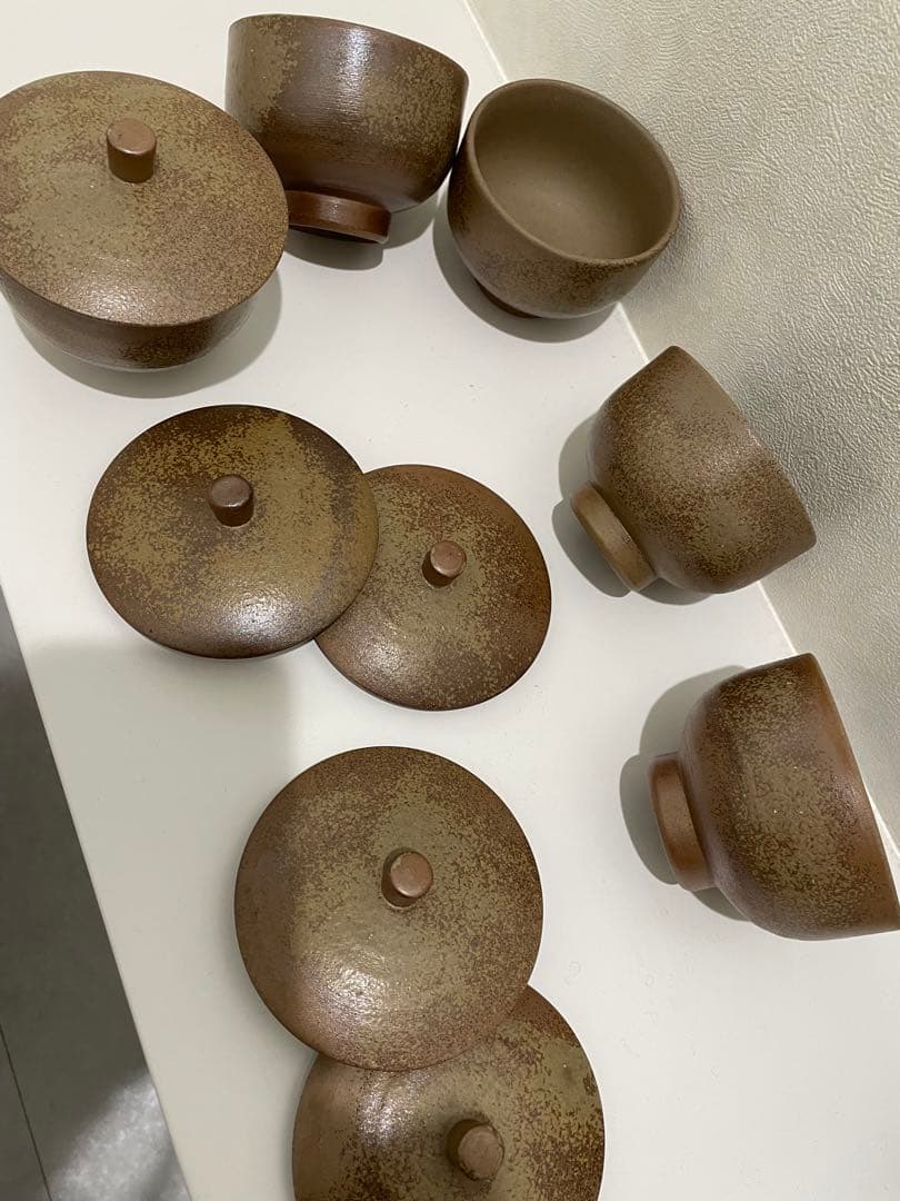 備前焼　火襷　大ぶり蓋付茶器　五客