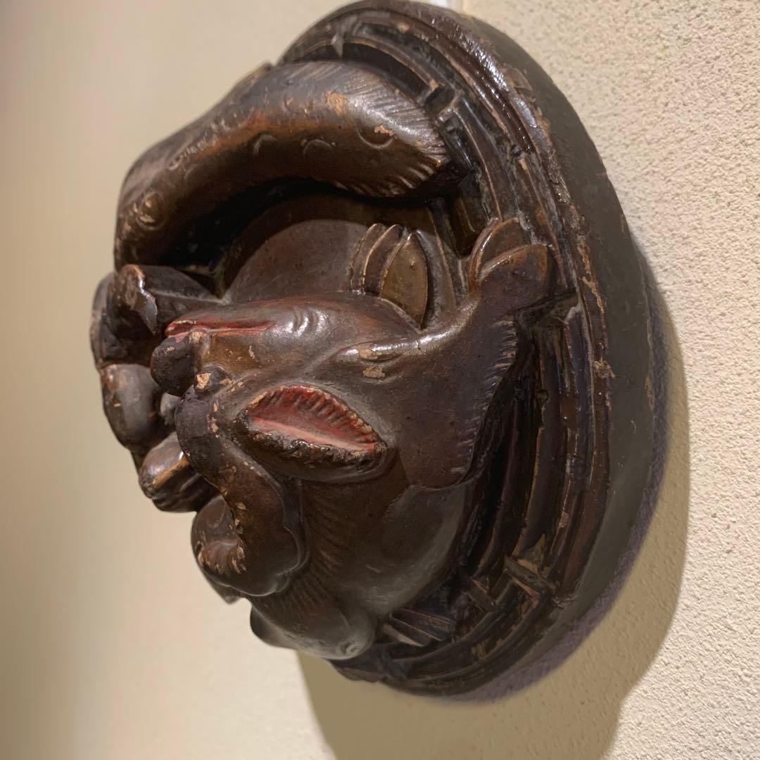 李朝　アンティーク　漆工　一木彫　　陰陽　壁掛け