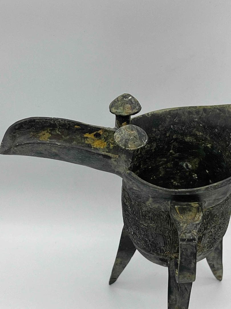中国古美術　戦国から漢時代　青銅　ブロンズ　三足爵盃　酒具　極最工(C-72)