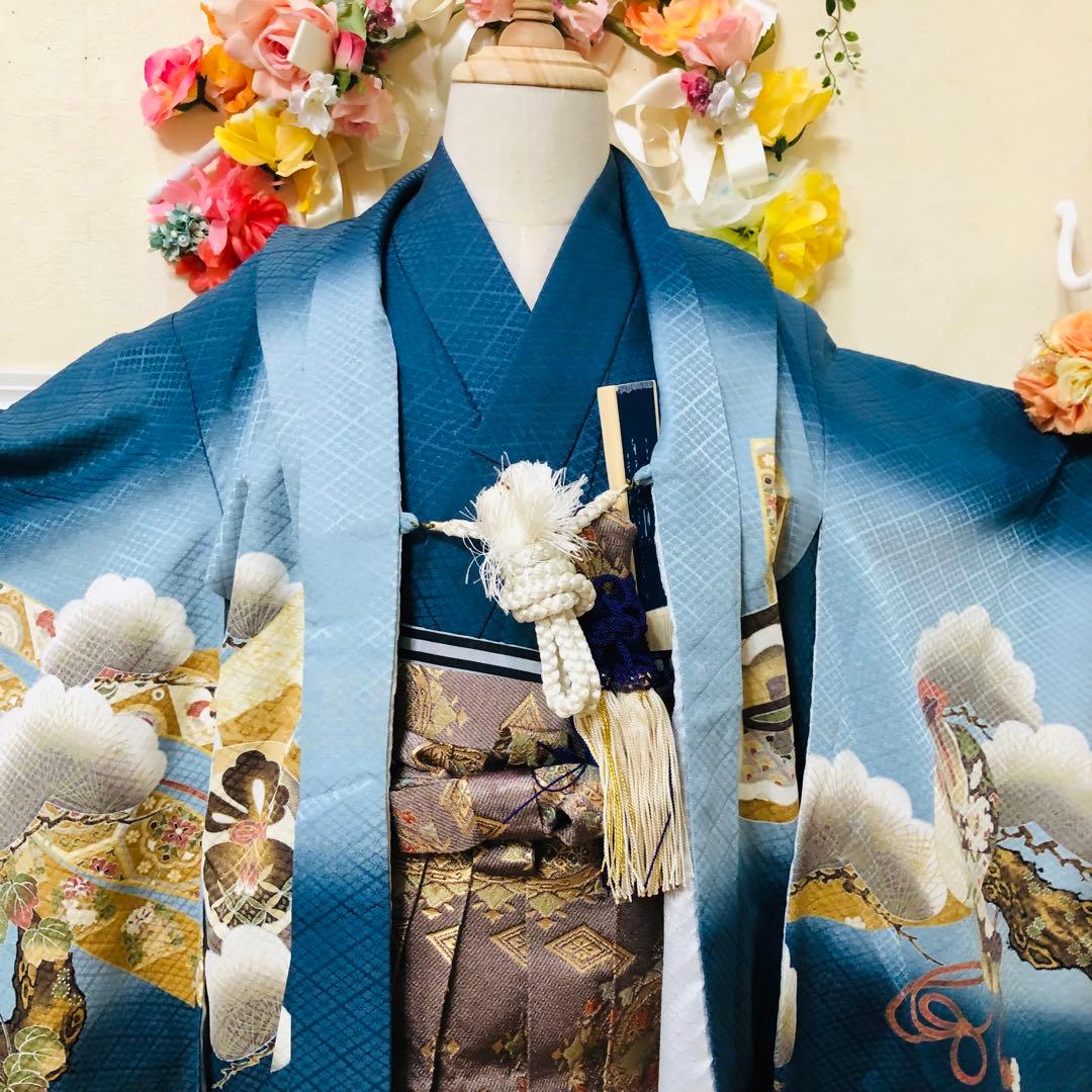七五三五歳フルセット‼️Blue暈し⭐︎鷹凛々しい⭐︎金蘭袴煌びやか極めてる⭐︎逸品