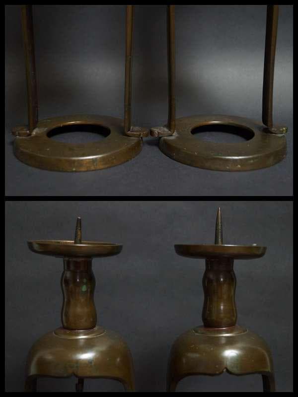 明治期 銅製唐銅燭台(一対) 共箱 仏具 行灯 蝋燭立て 和室照明 寺院