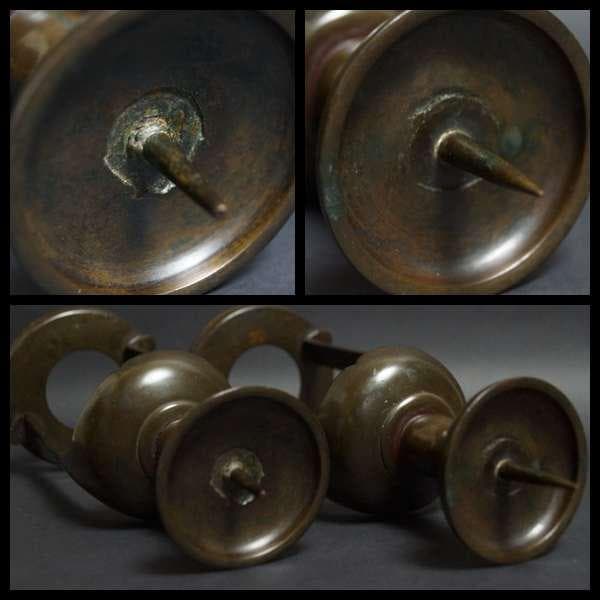 明治期 銅製唐銅燭台(一対) 共箱 仏具 行灯 蝋燭立て 和室照明 寺院