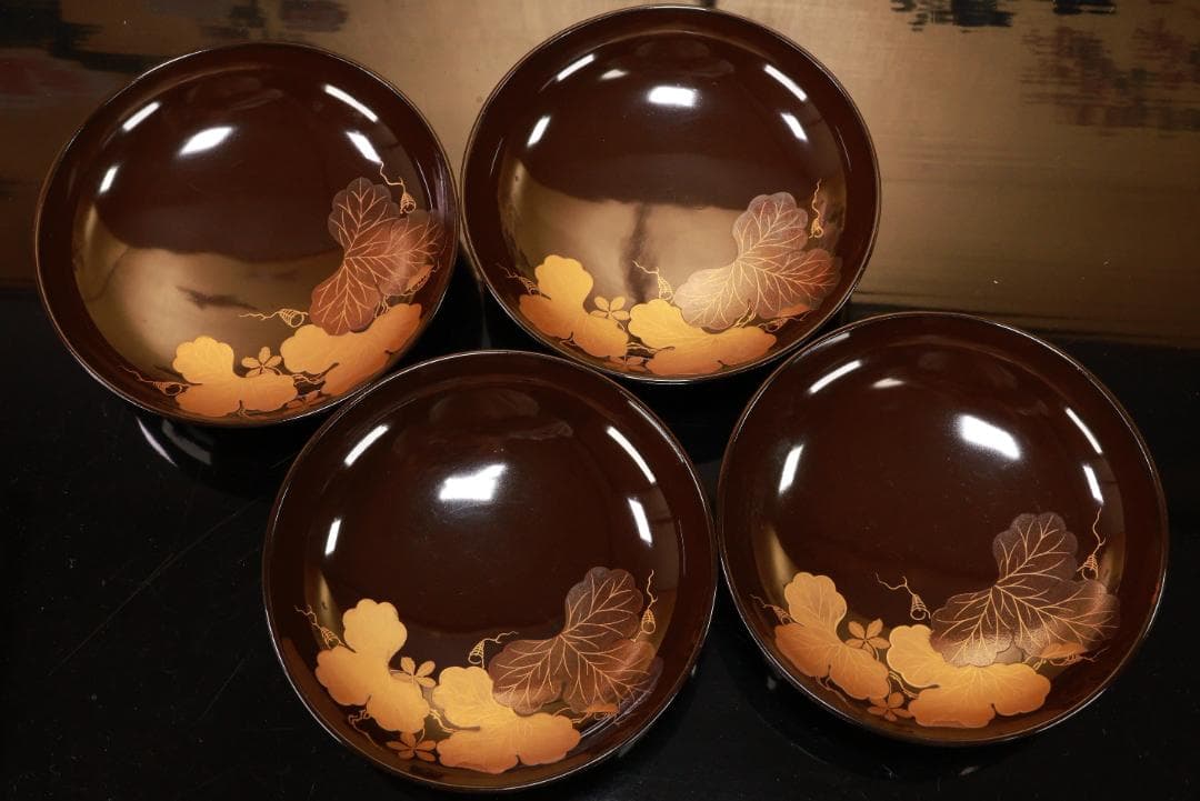 時代漆器　輪島塗　瓢箪図蒔絵　吸物椀　四客　木製　細密 BJ125