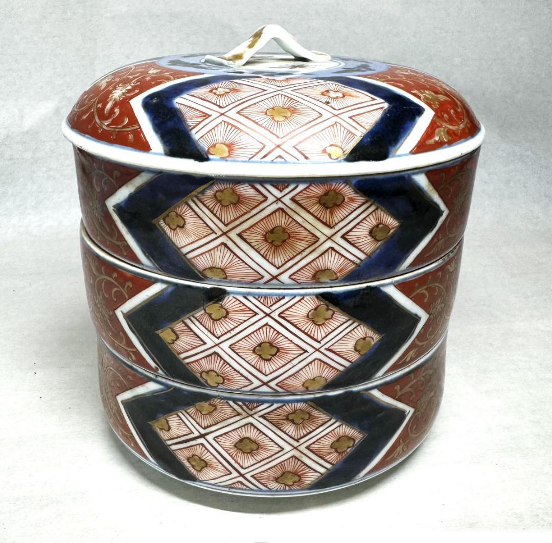江戸後期 古伊万里 染錦 三段重 箱付 ウブ品 伝世品 入手困難 WWTT232