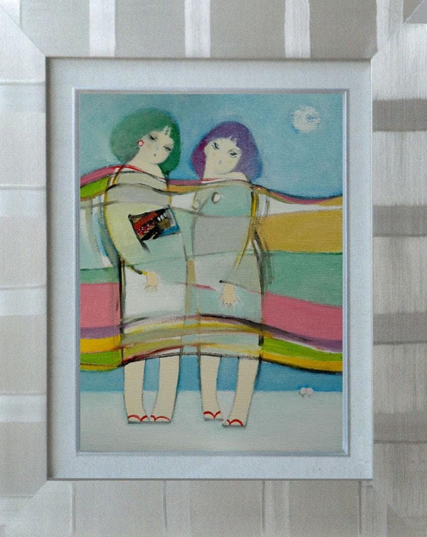 油絵 菅家令子 絵 絵画インテリア額付(青緑＋金色の枠)F6-083711 子供