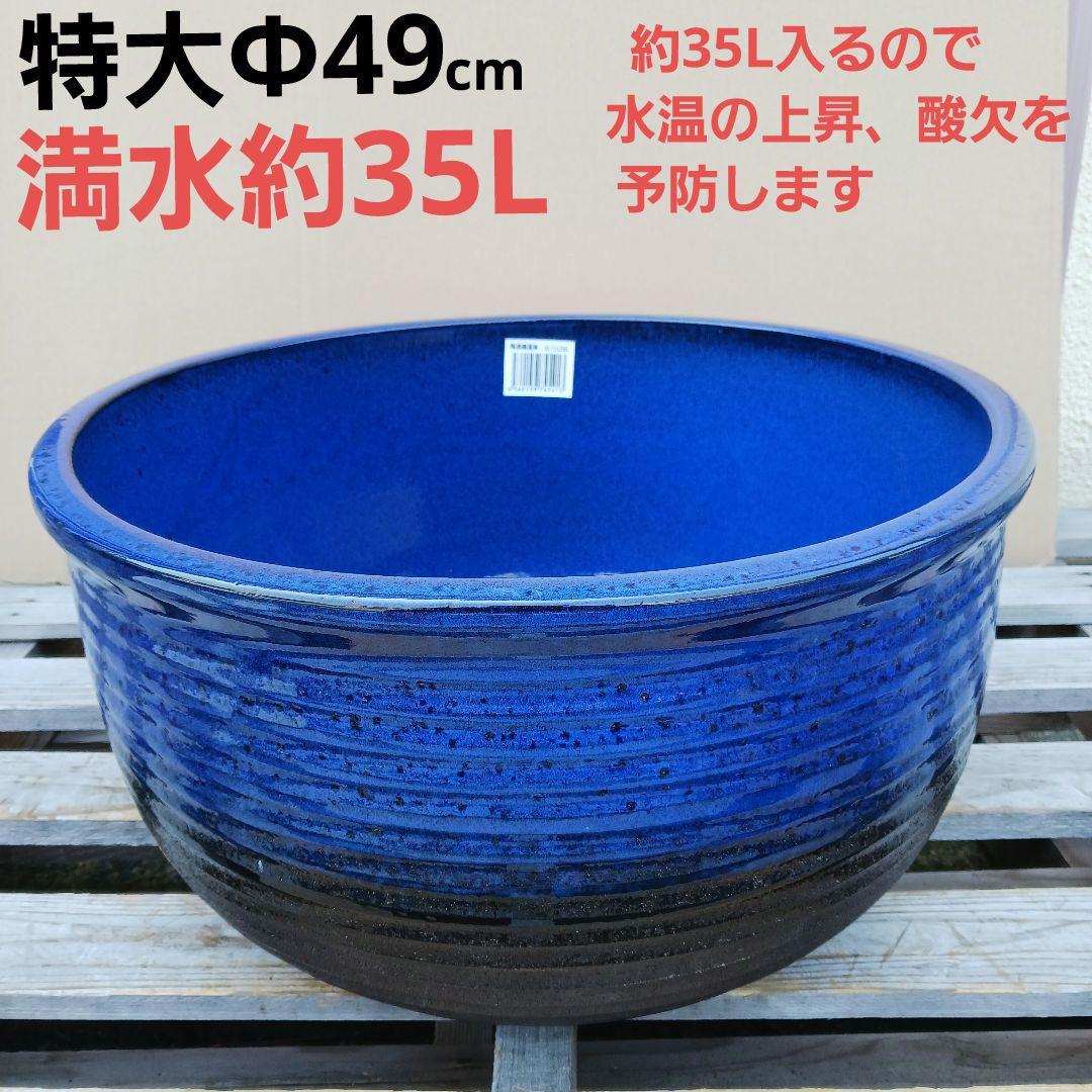 新品　∅49　特大　陶器　睡蓮鉢　手造り　メダカ鉢　難有　ラピスブルー　青LDB