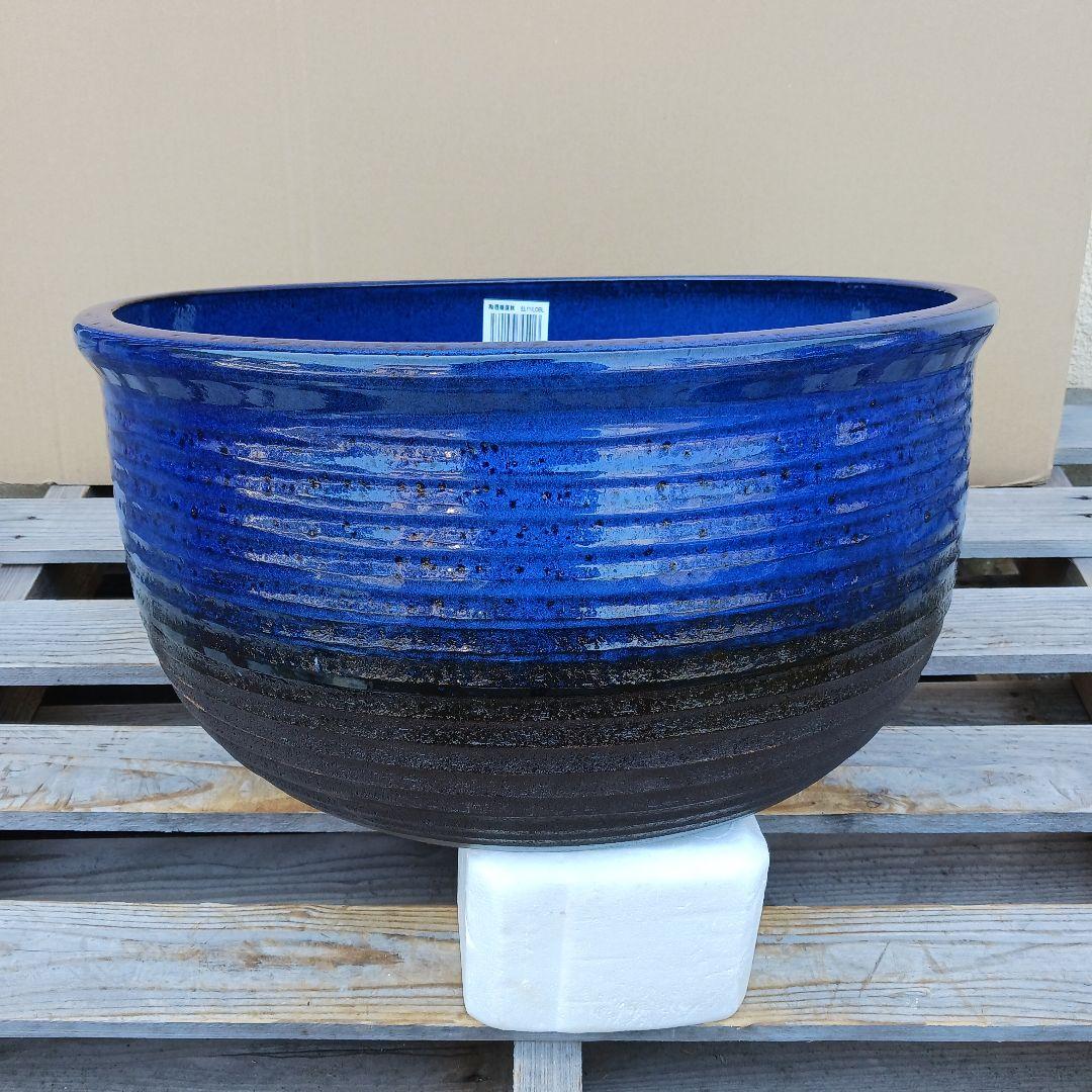 新品　∅49　特大　陶器　睡蓮鉢　手造り　メダカ鉢　難有　ラピスブルー　青LDB