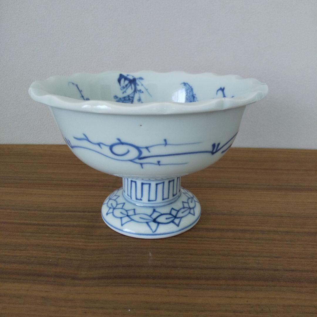 骨董 染付の盃洗 蝶と牡丹に松竹梅 (江戸時代 幕末頃） 伊万里