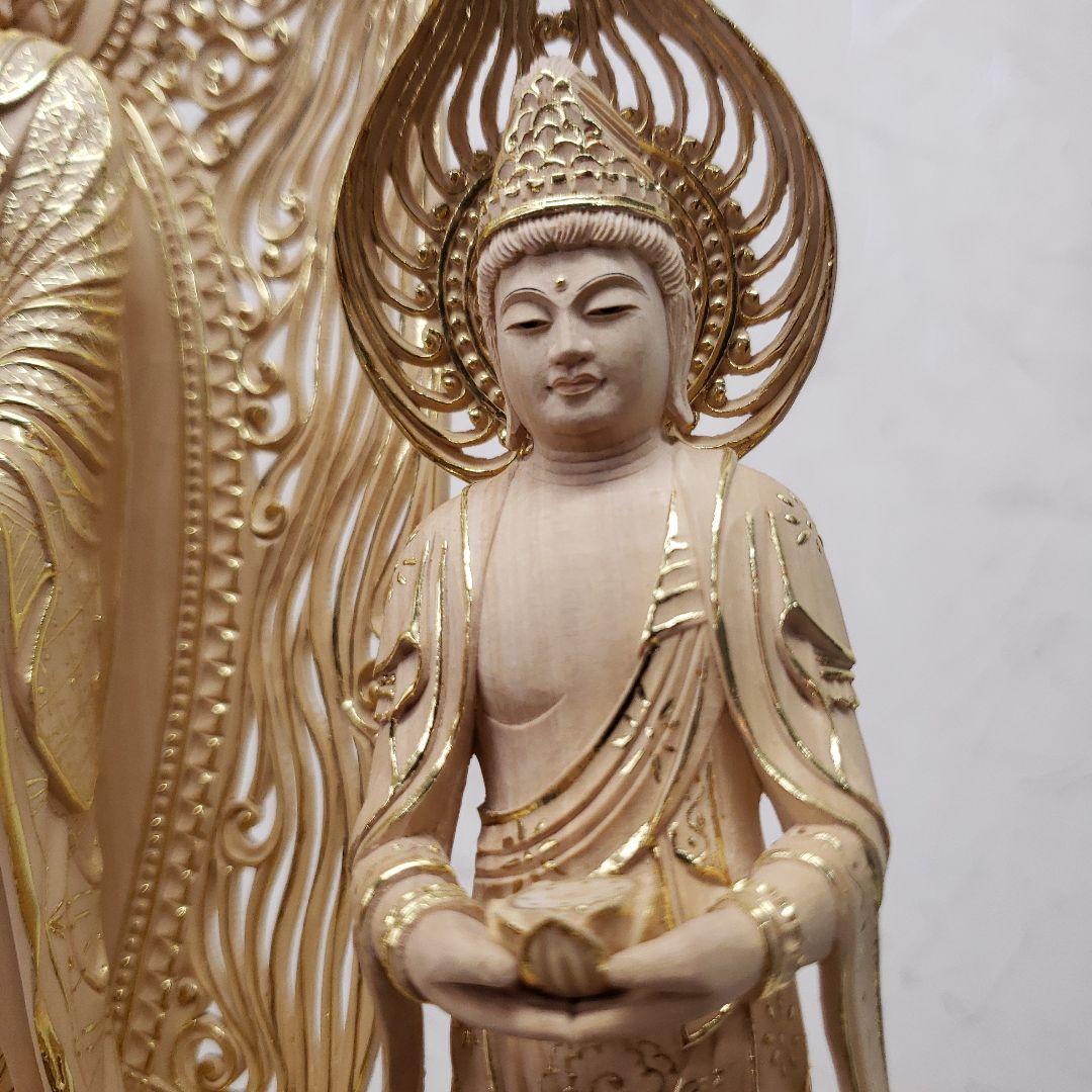 Ｂフライデー　仏像★伽耶材 阿弥陀如来三尊像6寸立★観音菩薩・勢至菩薩淡彩色錐金