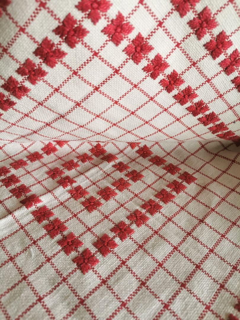 アンティーク フランス アルザス地方 赤糸花刺繍 チェック 大判リネンクロス