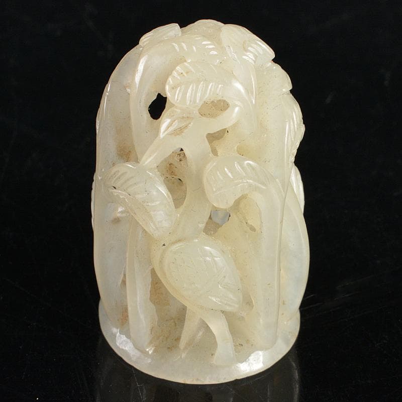 中国　玉石白玉彫刻　鳥木透かし彫　根付　置物　M 　R5978E