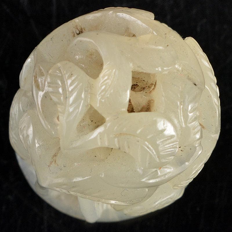 中国　玉石白玉彫刻　鳥木透かし彫　根付　置物　M 　R5978E