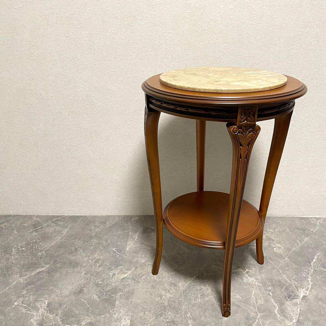 イタリア製　天板大理石　花台　サイドテーブル　木彫刻　飾り台　猫脚