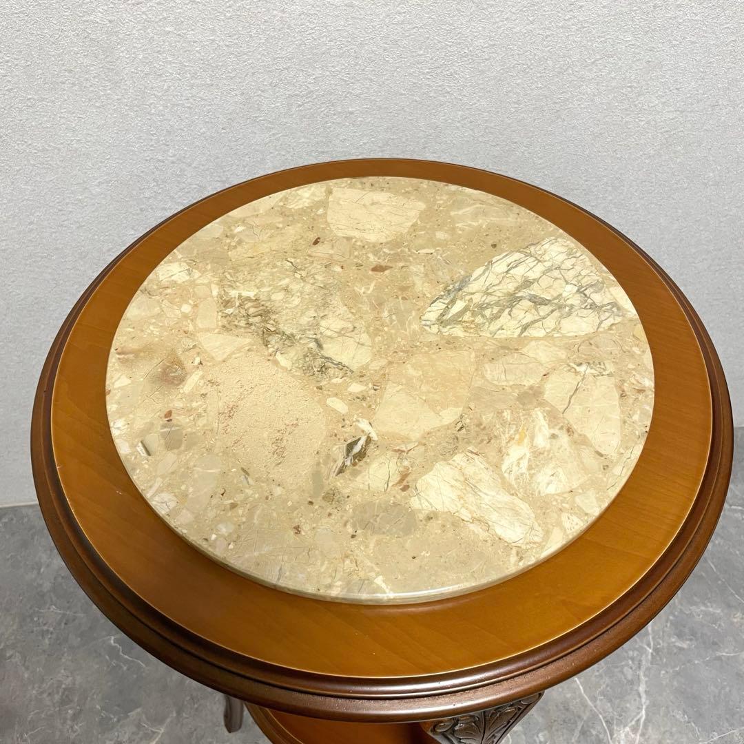 イタリア製　天板大理石　花台　サイドテーブル　木彫刻　飾り台　猫脚