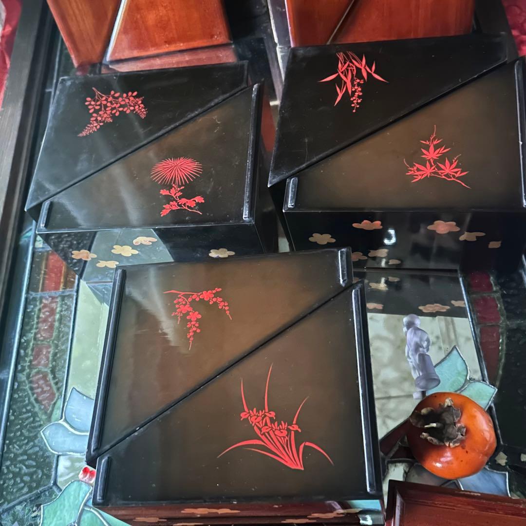 2213様感謝‼️総欅JAPAN蒔絵梅六点大名道具絵替り組子野弁当三対