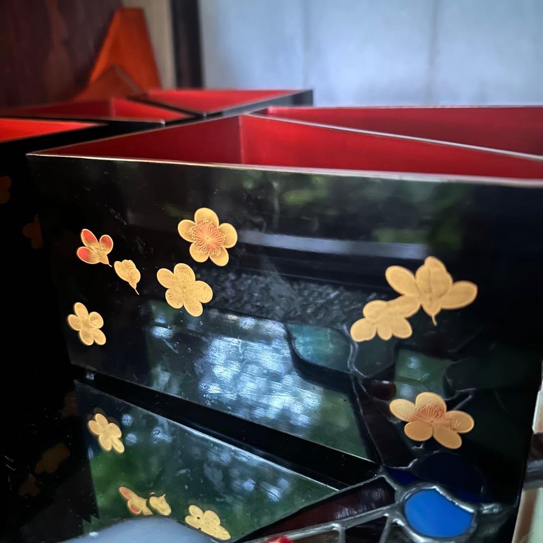2213様感謝‼️総欅JAPAN蒔絵梅六点大名道具絵替り組子野弁当三対