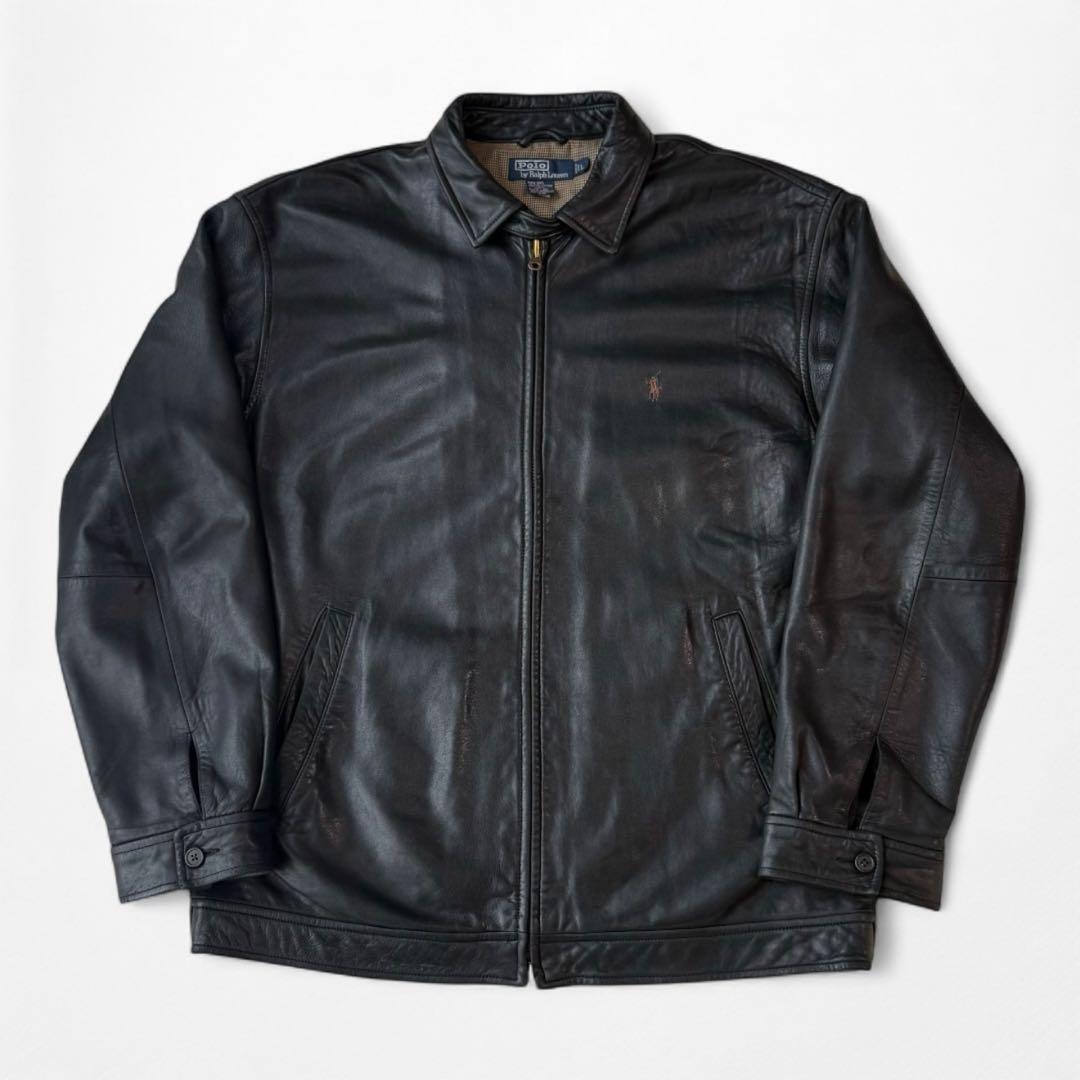 90s ラルフローレン 刺繍 羊革 襟付き ラムレザージャケット 黒 RRL