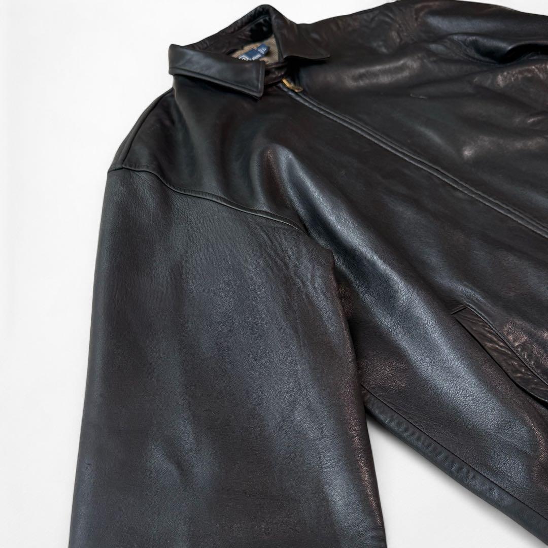 90s ラルフローレン 刺繍 羊革 襟付き ラムレザージャケット 黒 RRL