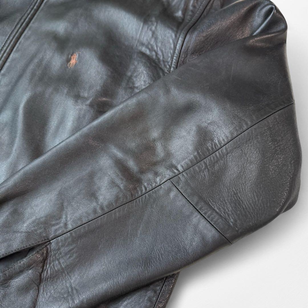 90s ラルフローレン 刺繍 羊革 襟付き ラムレザージャケット 黒 RRL