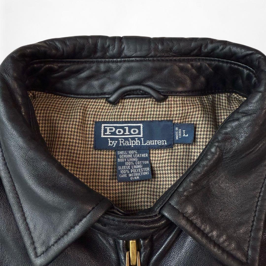 90s ラルフローレン 刺繍 羊革 襟付き ラムレザージャケット 黒 RRL
