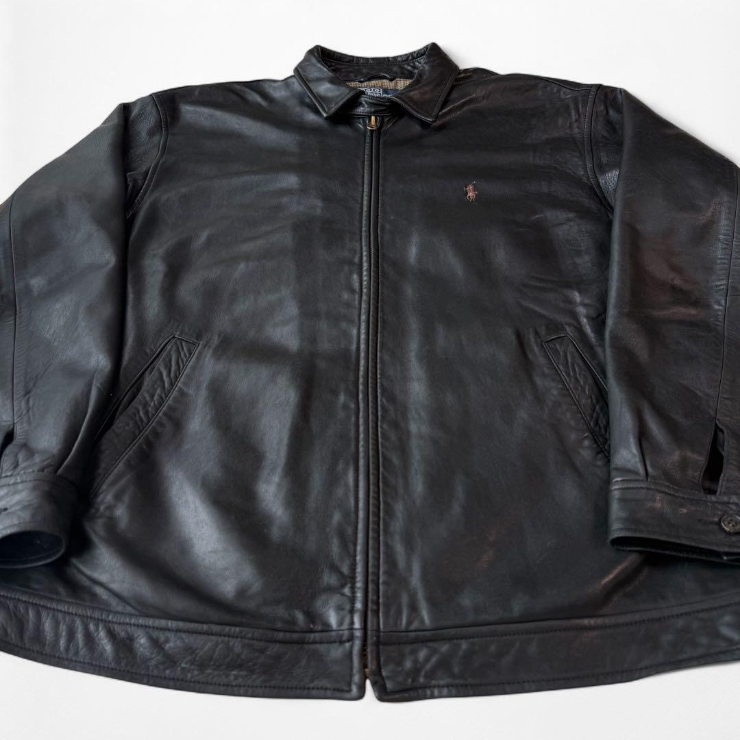 90s ラルフローレン 刺繍 羊革 襟付き ラムレザージャケット 黒 RRL