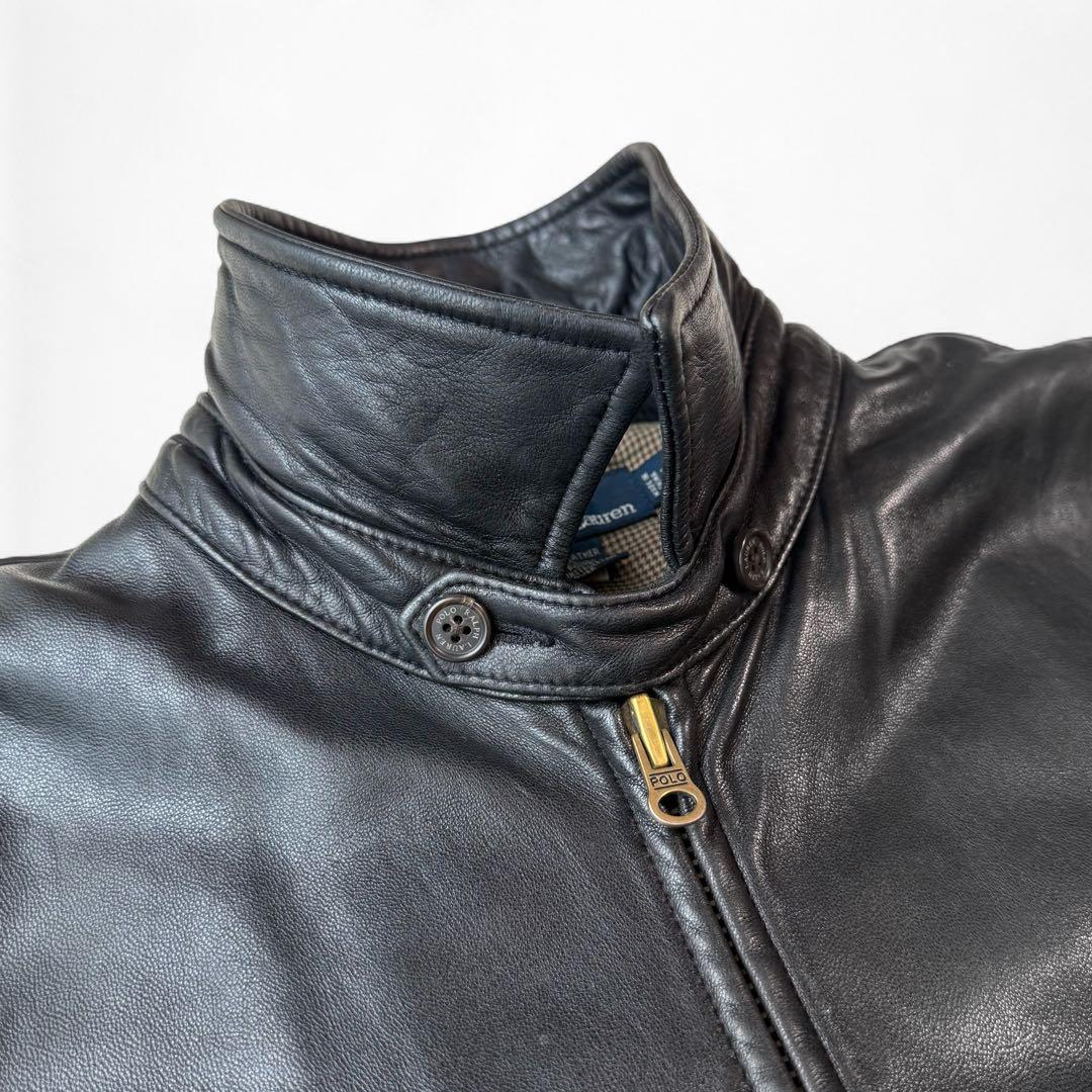 90s ラルフローレン 刺繍 羊革 襟付き ラムレザージャケット 黒 RRL