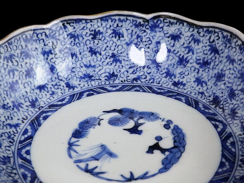 古伊万里　染付　微塵唐草の図　膾皿　３客　E980AS-CUx