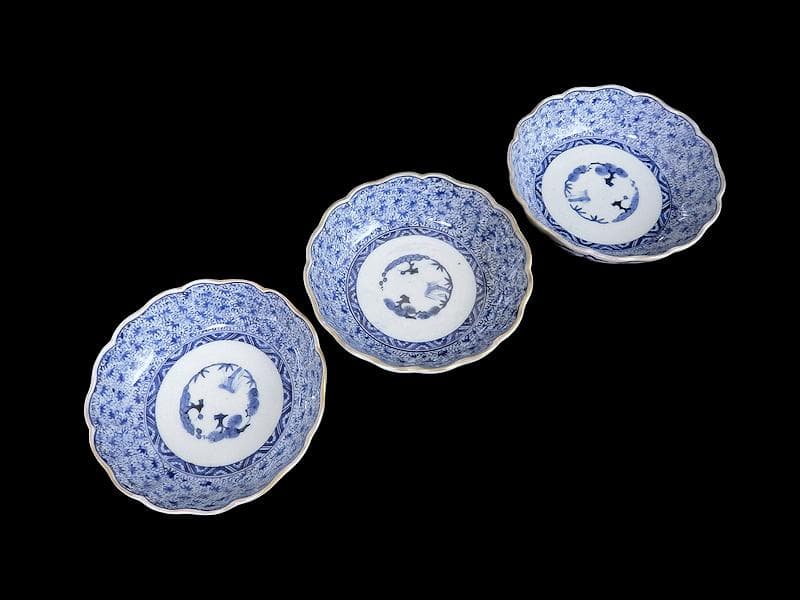 古伊万里　染付　微塵唐草の図　膾皿　３客　E980AS-CUx