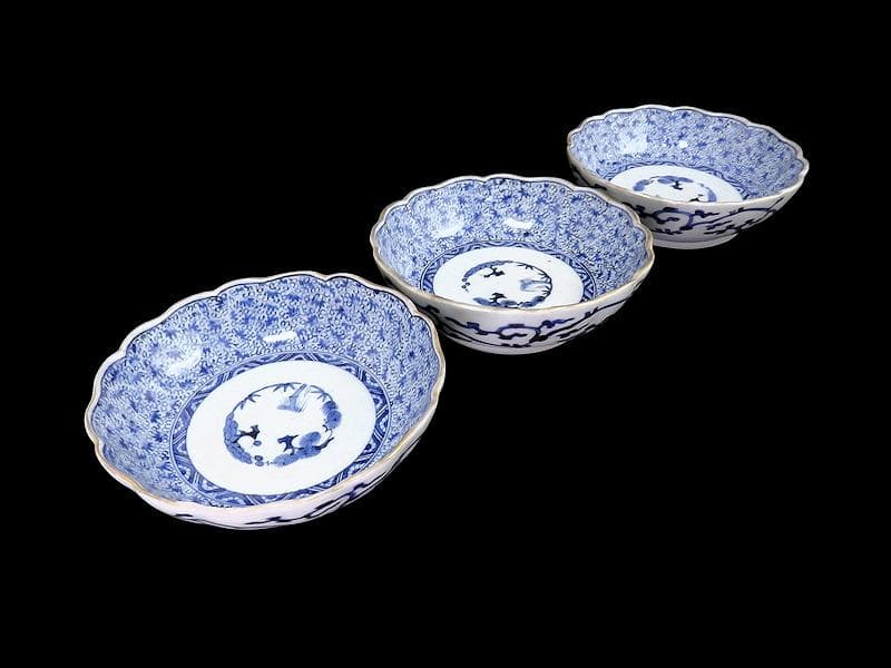古伊万里　染付　微塵唐草の図　膾皿　３客　E980AS-CUx